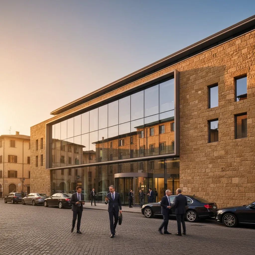 Modern Italian bank building with professionals, representing MPS leadership change and financial sector developments in Italy