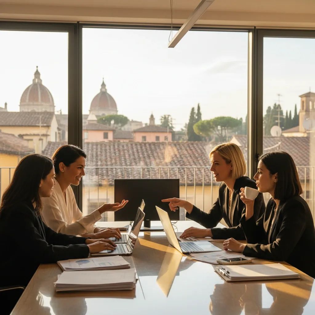 Professional women working collaboratively in modern office setting with Italian city background
