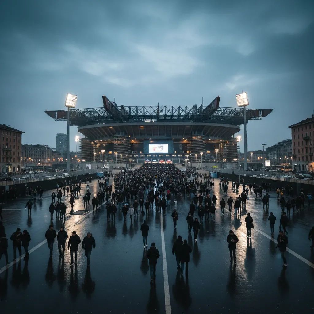 San Siro stadium glowing at night as fans arrive for Inter’s must-win Champions League clash