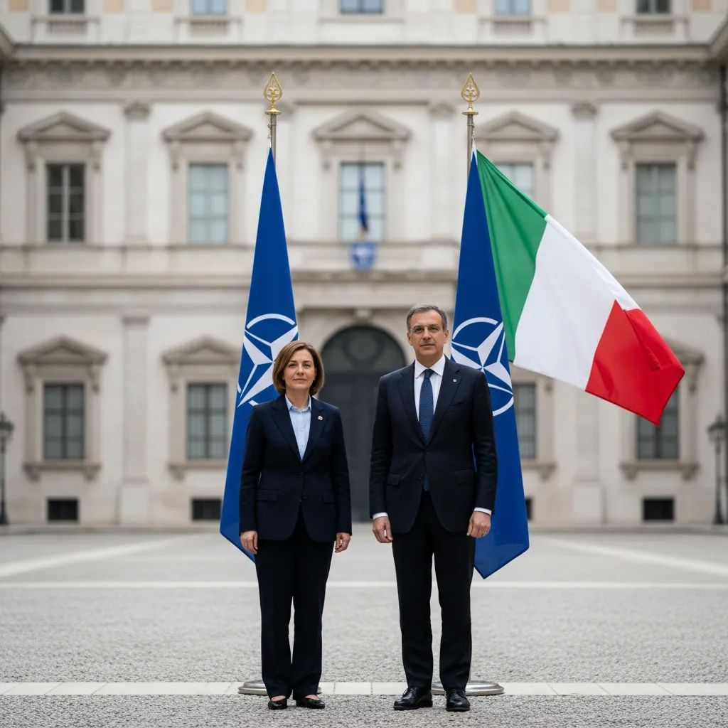 Italian and NATO flags at diplomatic setting representing Italy's defense alliance choice