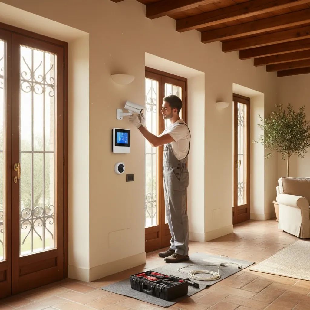 Modern home security system with camera and alarm panel in contemporary Italian residential room