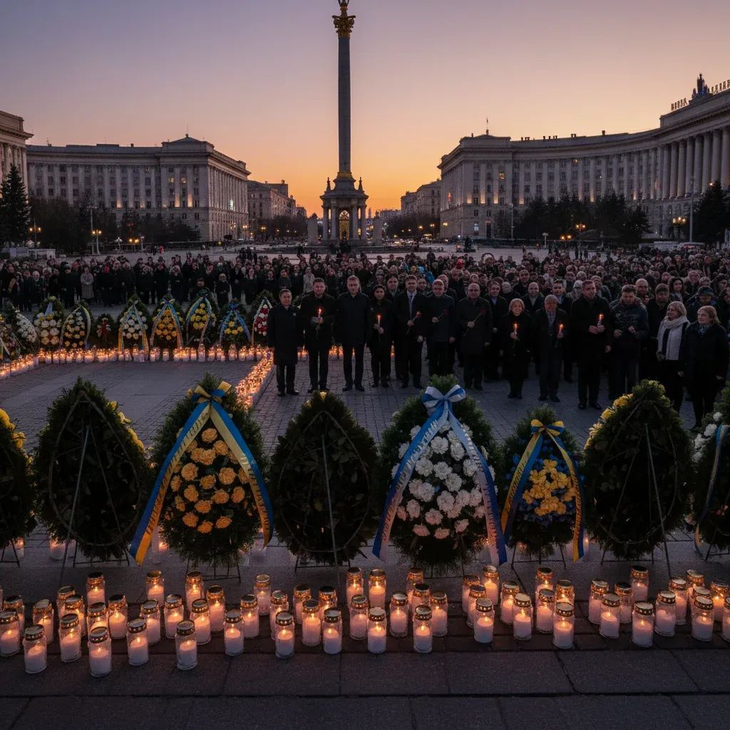 Memorial ceremony with candles and wreaths honoring Ukraine victims at Maidan Square, Kyiv