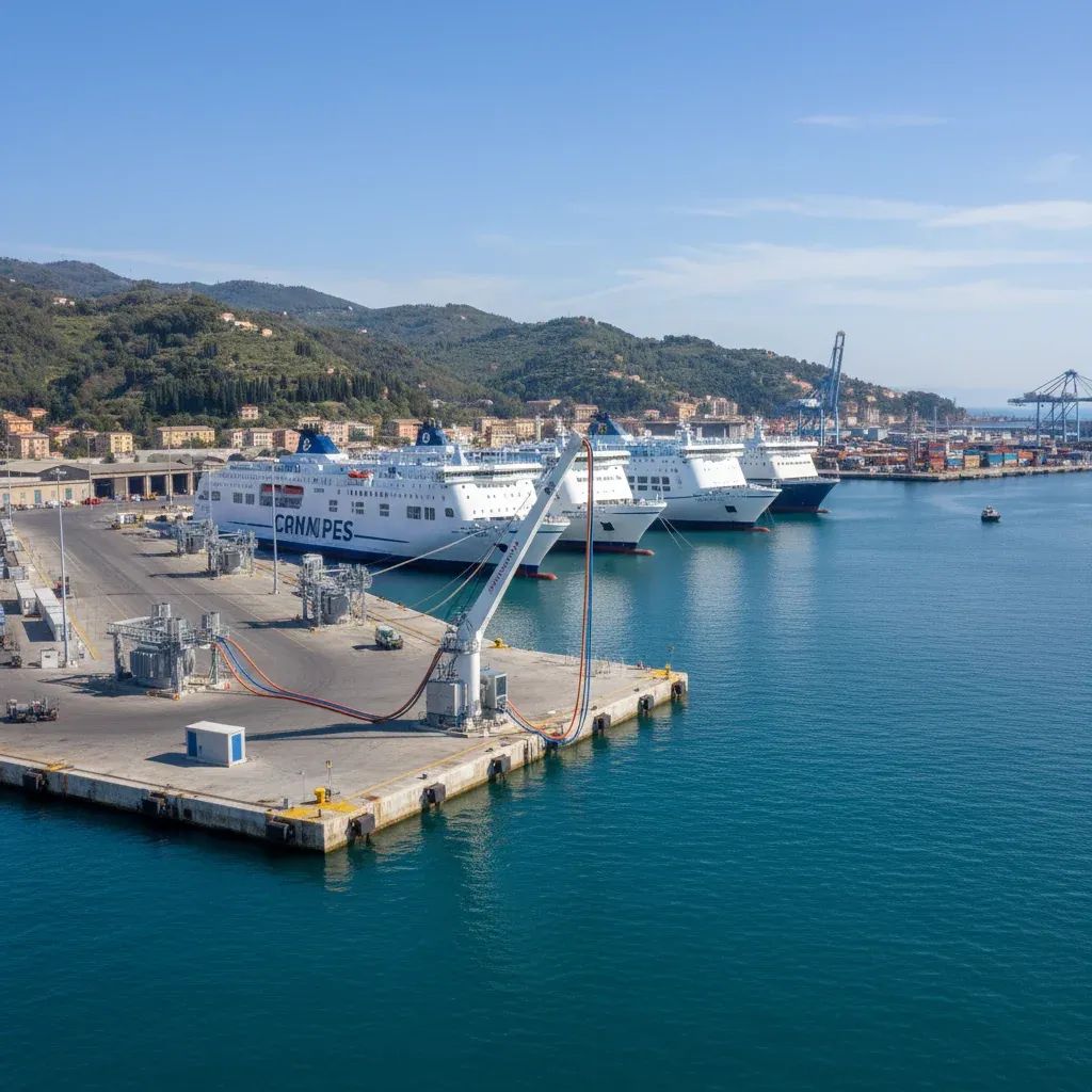 Mediterranean ferry port with multiple ships docked, showing industrial port infrastructure and coastal environment