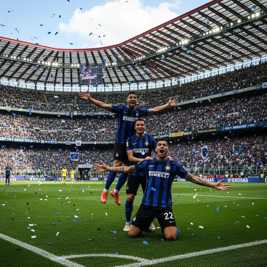 Inter Milan players celebrating at San Siro stadium during Serie A match against Genoa