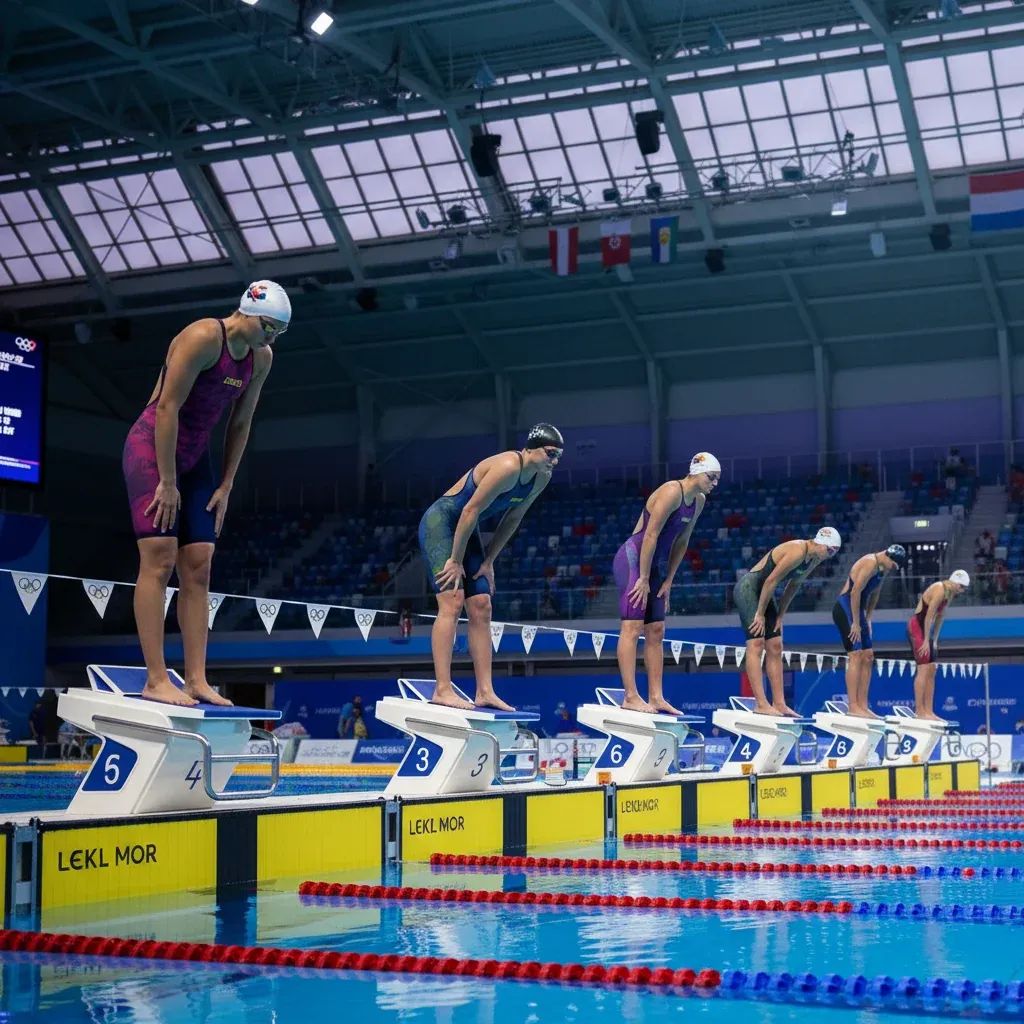 International swimmers at Olympic pool preparing for competition