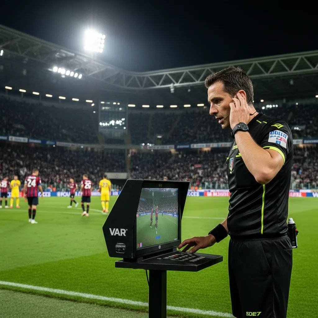 Referee at Serie A match reviews VAR monitor on sideline under stadium floodlights, symbolising officiating reforms