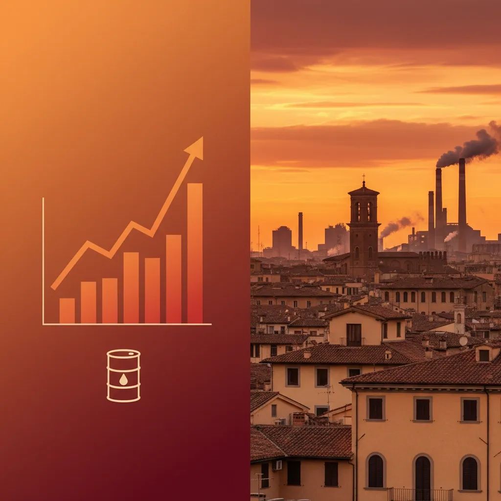 Energy price chart trending upward with Italian industrial landscape background, symbolizing rising oil costs impact on Italy
