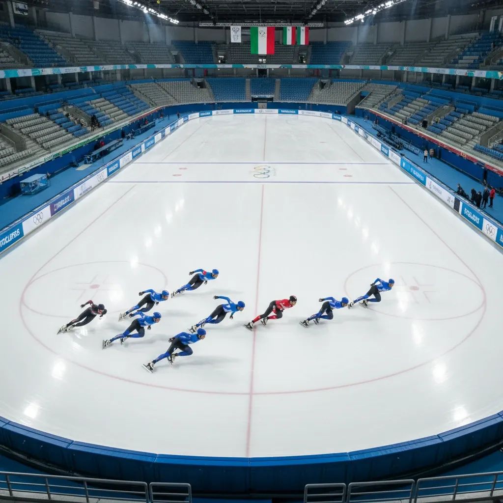 Speed skaters competing on Olympic oval track at indoor venue