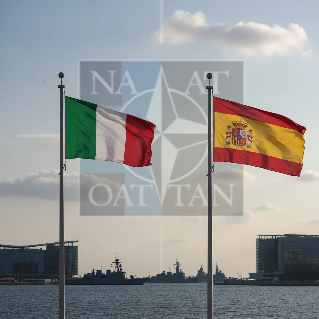 Italian and Spanish flags representing nations resisting U.S. military pressure over Iran operations