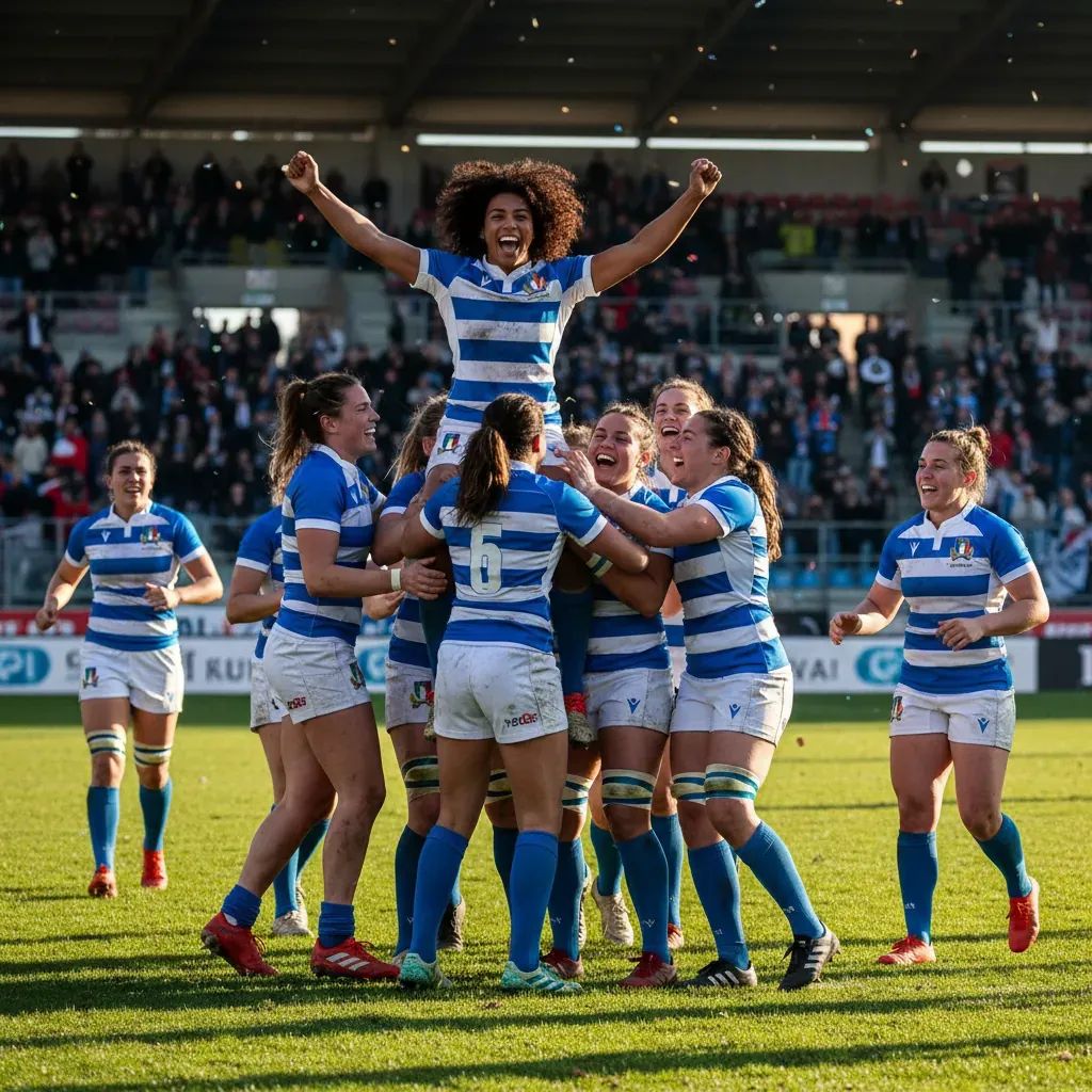 Italian women's rugby players celebrating during Six Nations match against Scotland at Parma stadium
