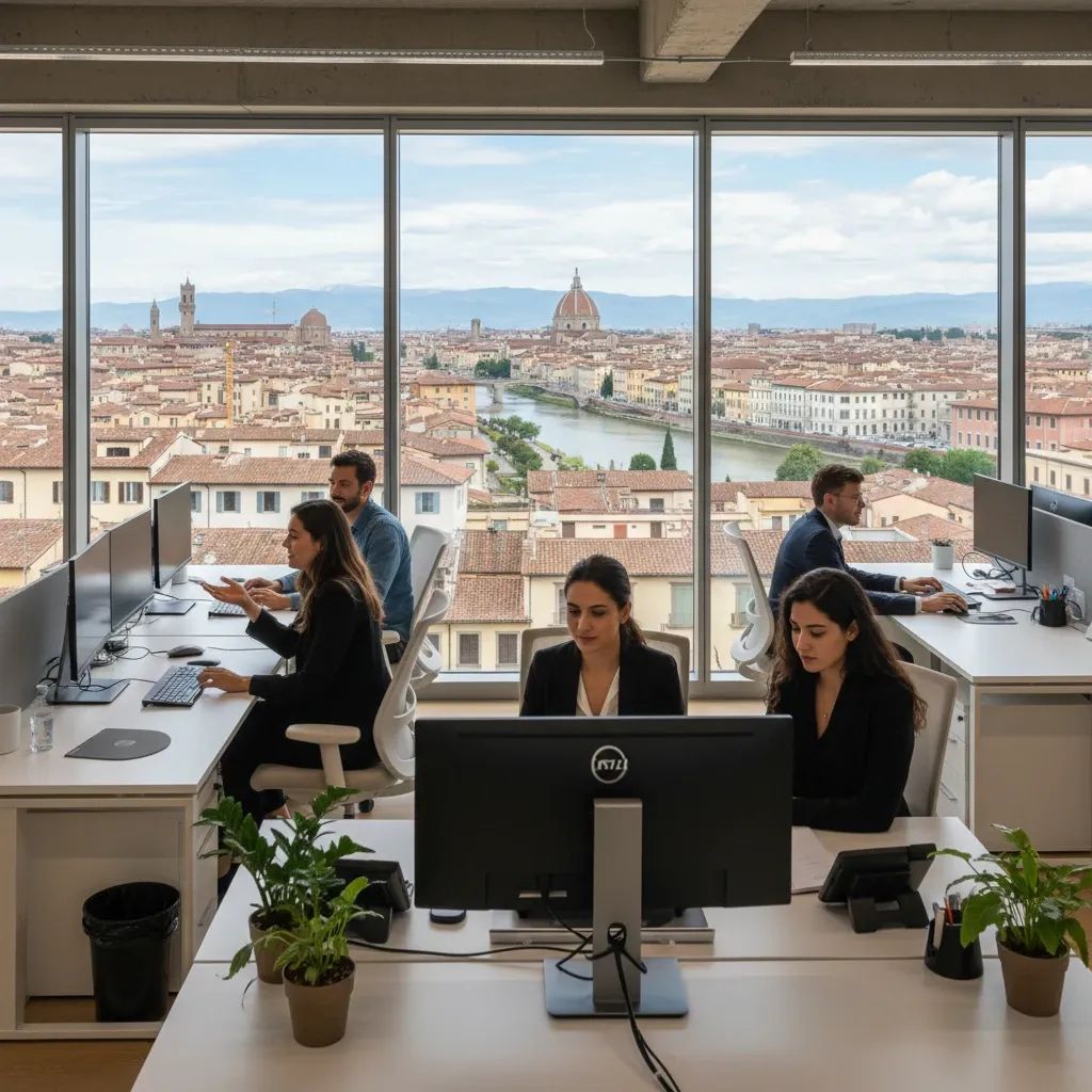 Young professionals working in modern Italian office environment with cityscape background
