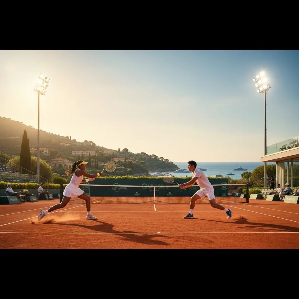 Professional tennis players competing on red clay court at Sardegna Open tournament in Cagliari
