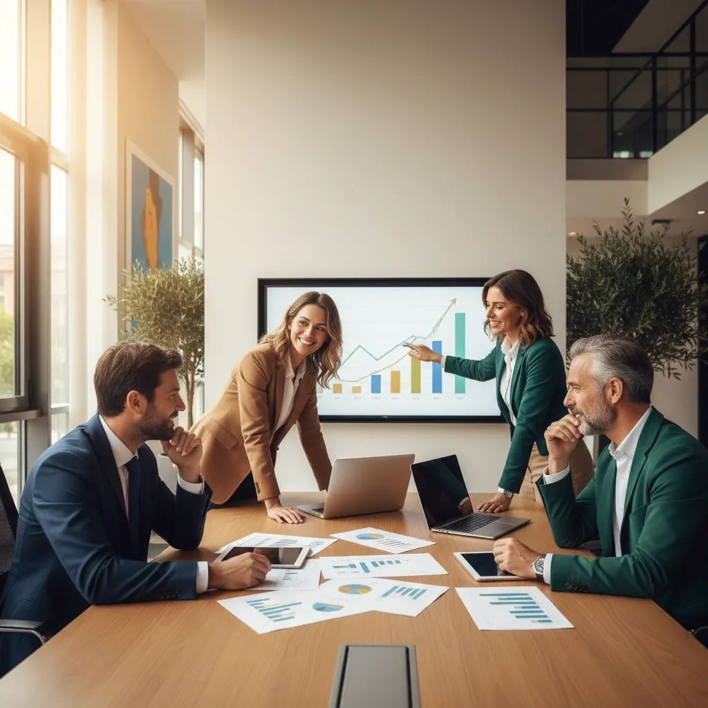 Diverse workers reviewing contract documents in modern Italian office setting