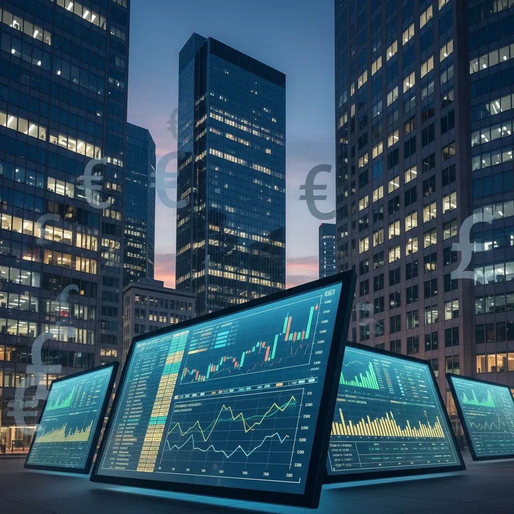 Financial district buildings at dusk with economic data visualization representing ECB losses and monetary policy