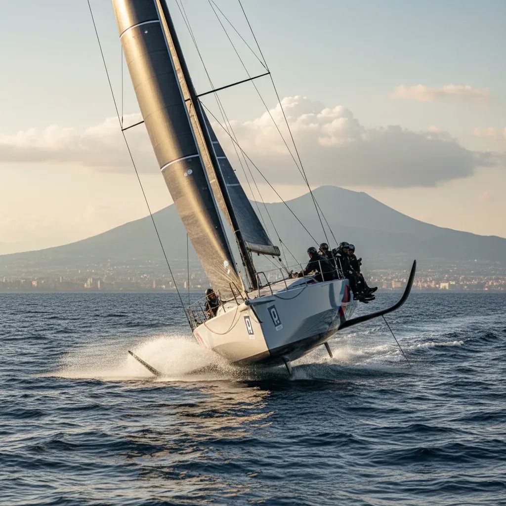 Modern racing yacht foiling on Mediterranean waters with Naples coastline in background