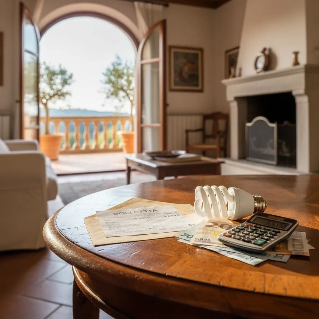Electricity bill, euro notes, calculator and LED bulb on a table reflecting Italy’s lower energy costs