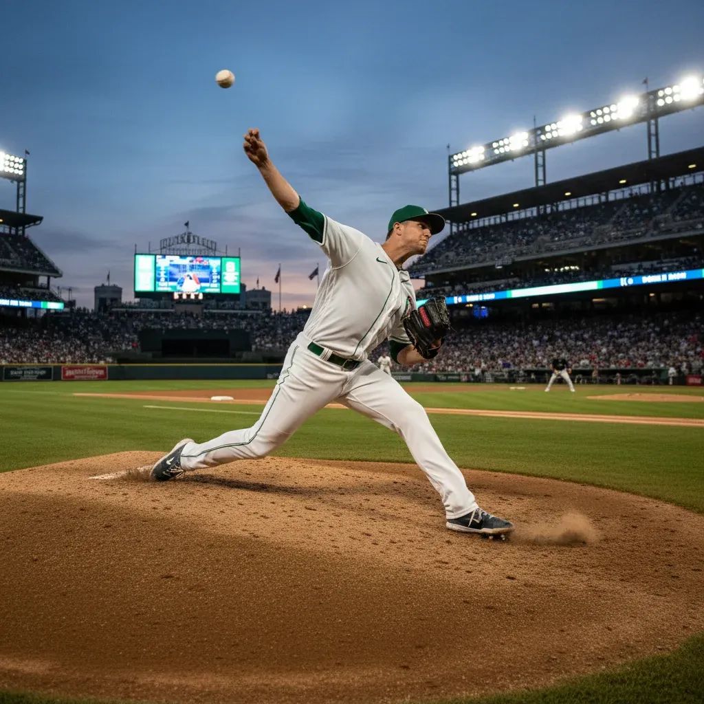 Baseball pitcher in mid-delivery motion on MLB stadium mound during professional game