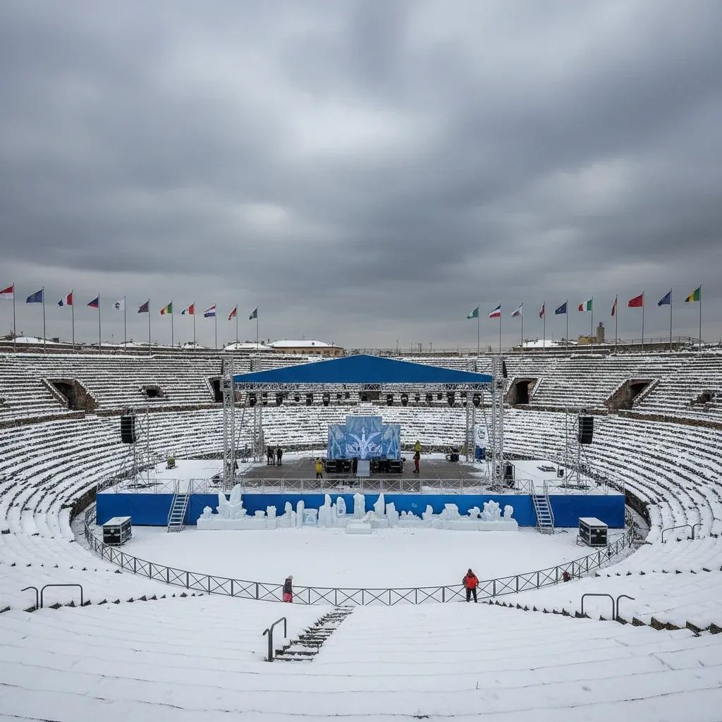Snow-dusted Verona Arena with international flags set for Milan-Cortina 2026 Paralympics opening