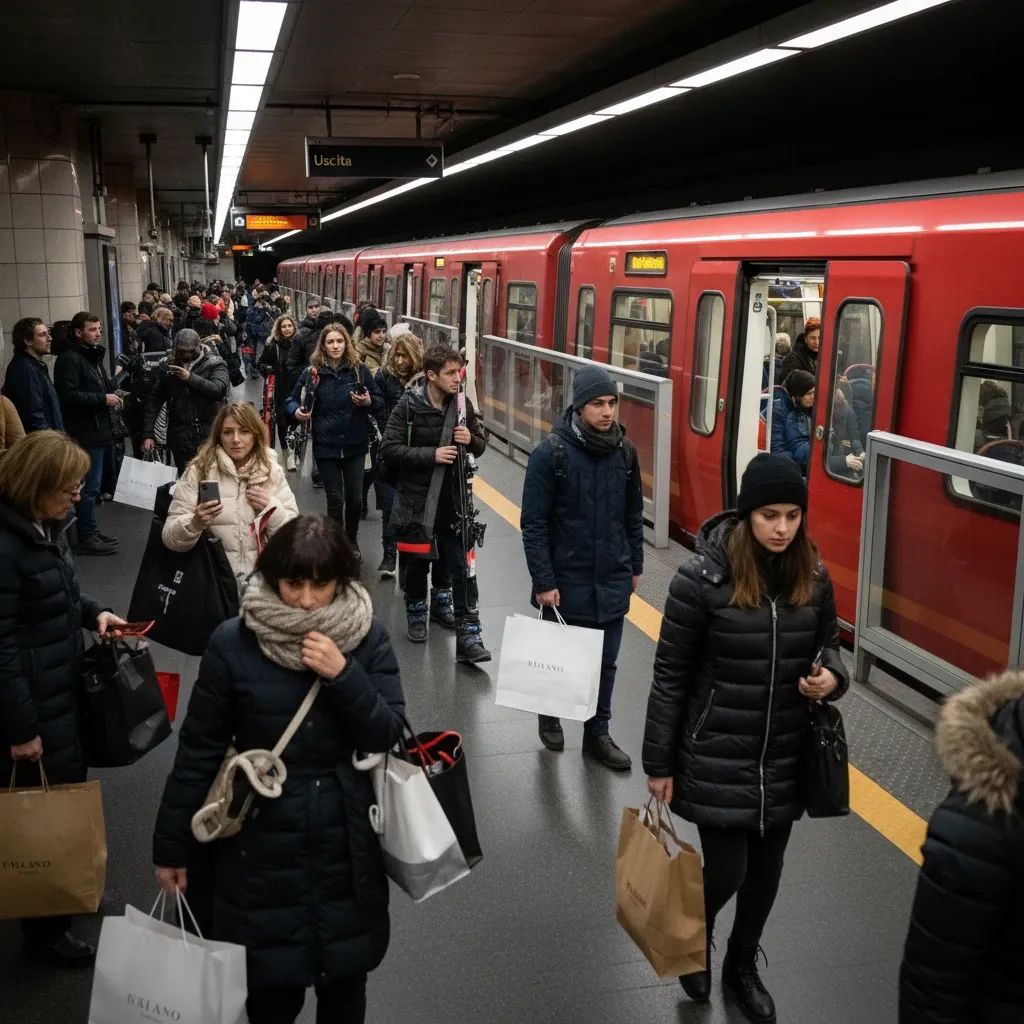 Crowded Milan metro platform with commuters holding sports gear during Olympic rush