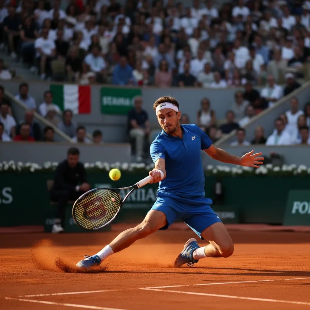 Italian tennis player sliding on red clay court during high-stakes final match
