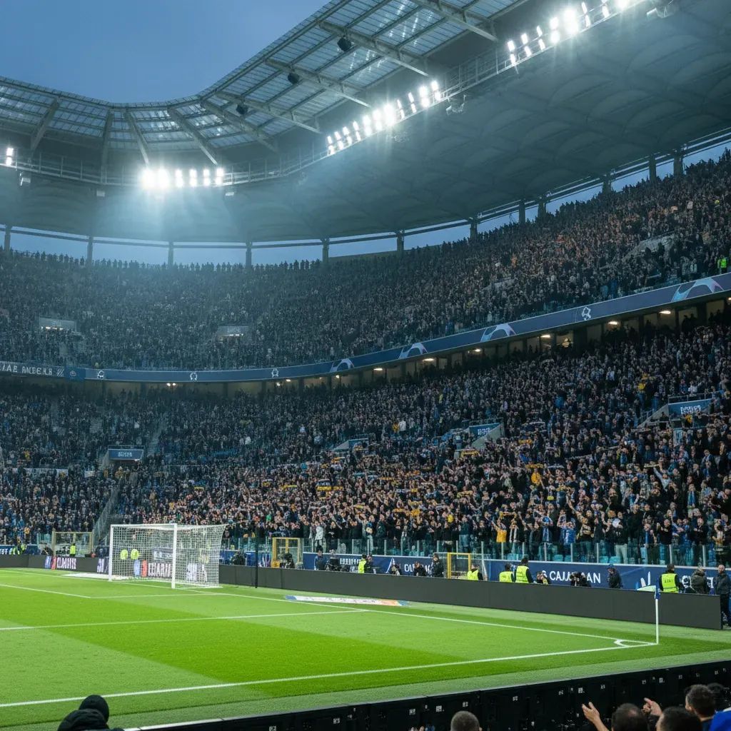 Nighttime wide view of crowded stadium with Atalanta and Dortmund supporters ahead of Champions League play-off