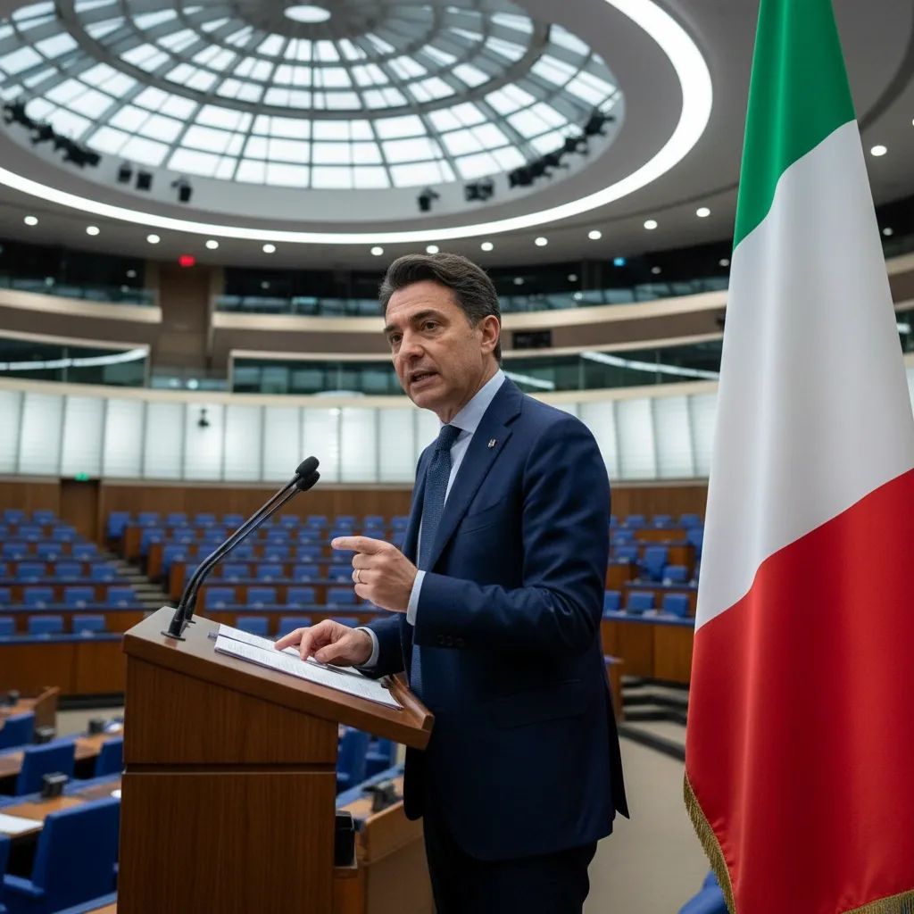 Italian government official at diplomatic podium with national flag backdrop