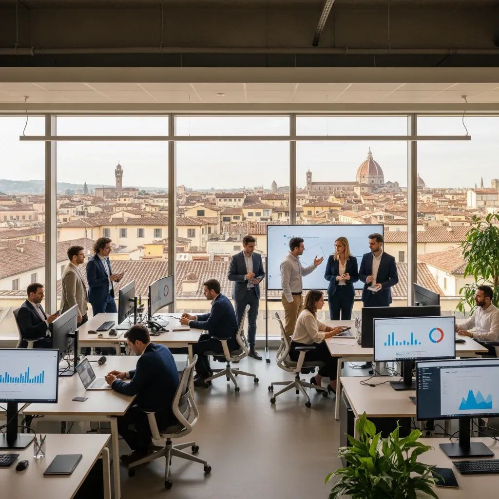 Diverse professionals working collaboratively in a modern Italian office environment with city views