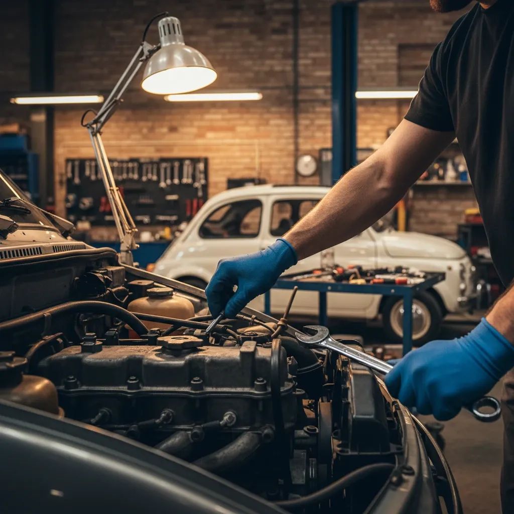 Mechanic working on car engine in Italian auto repair shop, professional garage setting