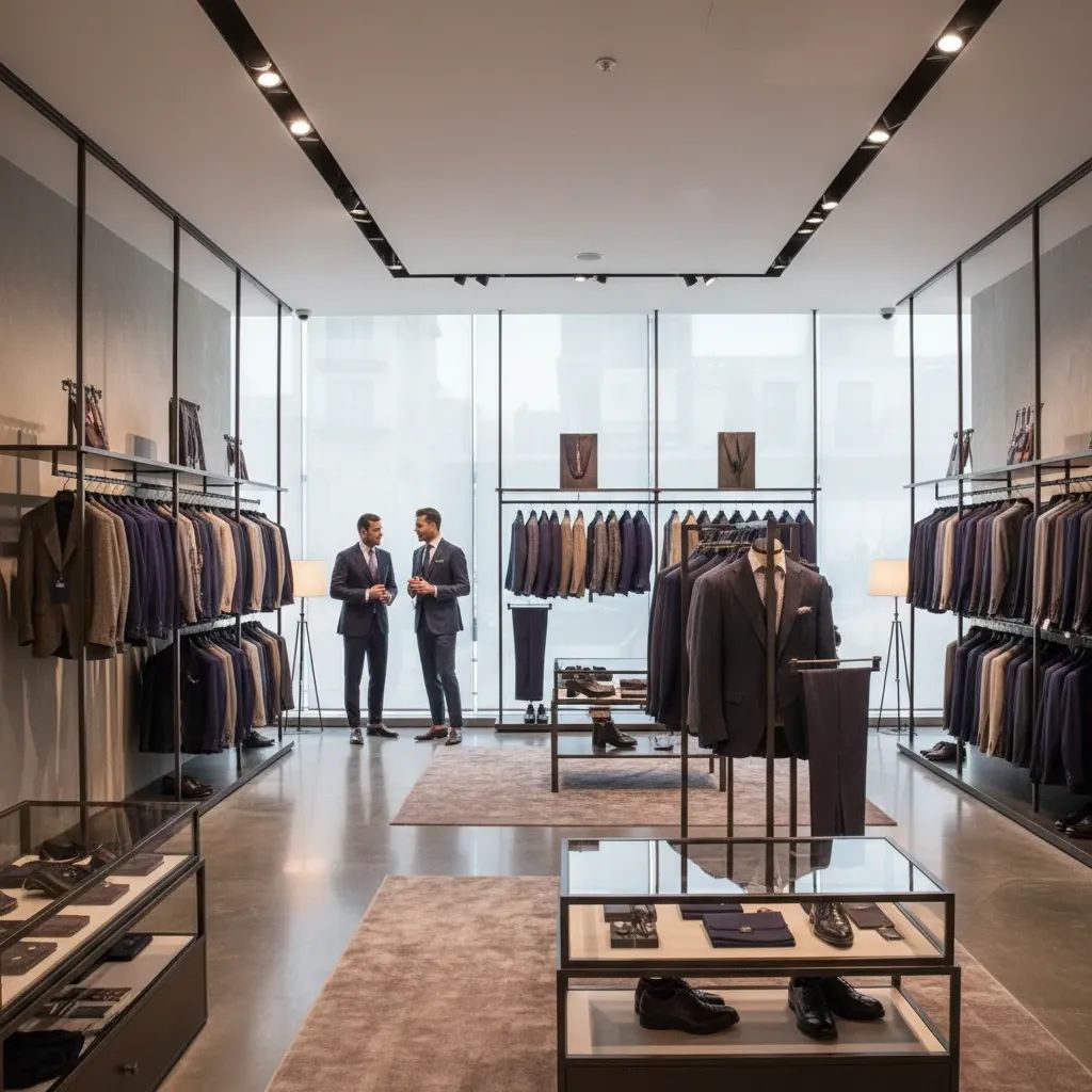Modern luxury menswear showroom displaying tailored suits in professional setting