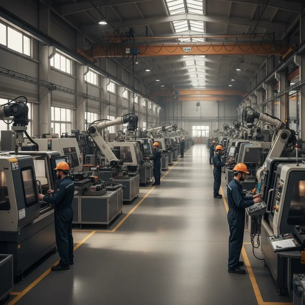 Industrial manufacturing facility with workers operating precision defense production equipment