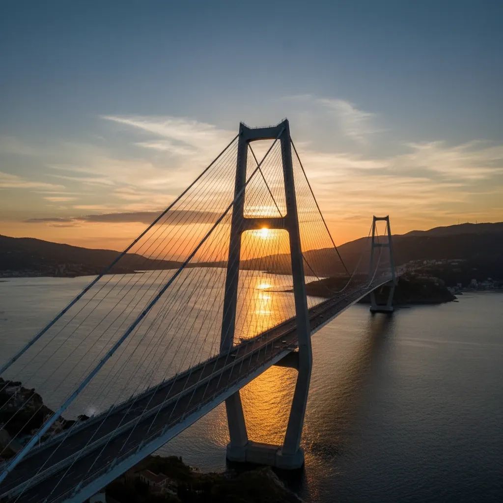 Modern suspension bridge spanning water between Sicily and mainland Italy in Mediterranean setting