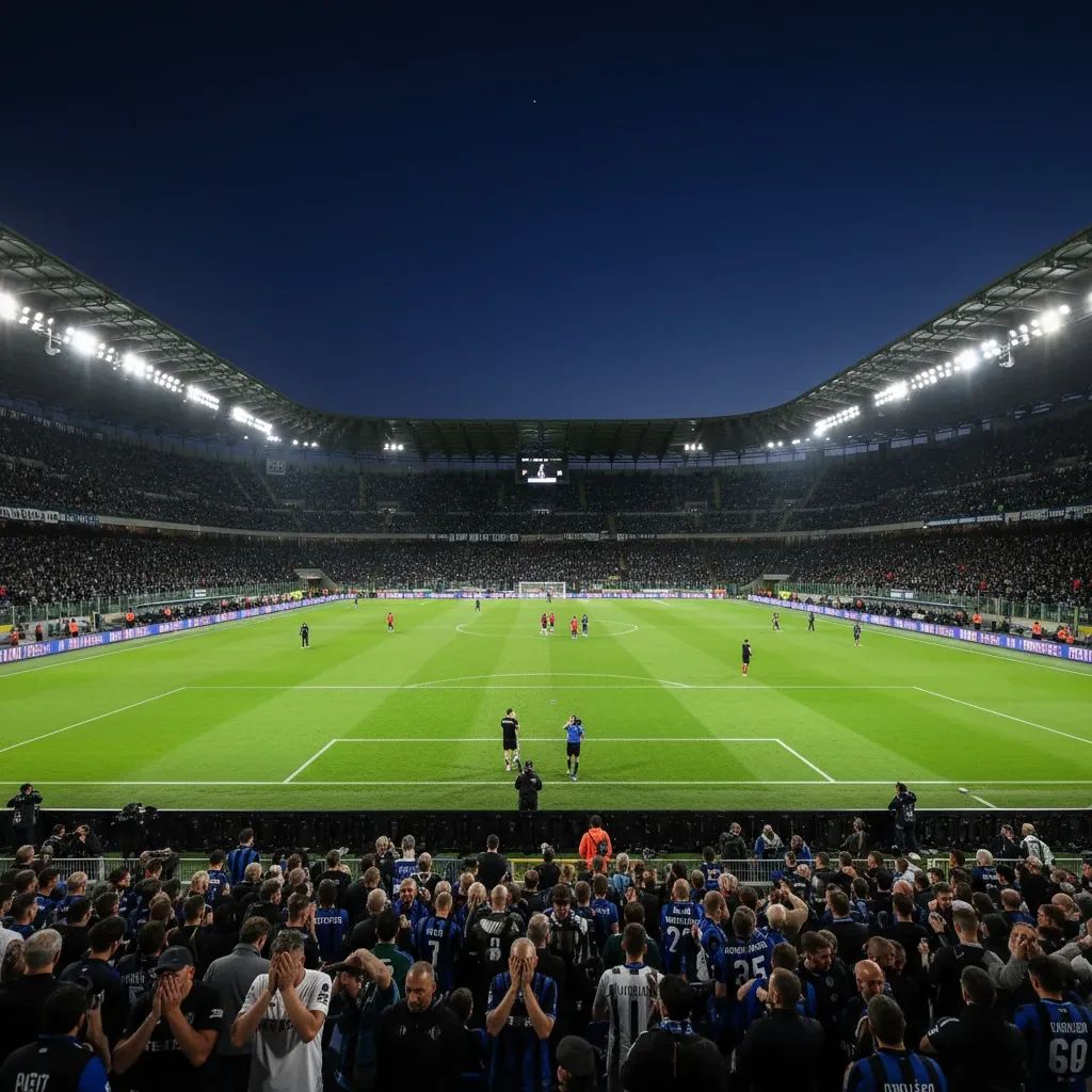 Stadium crowd at night showing disappointment during football match