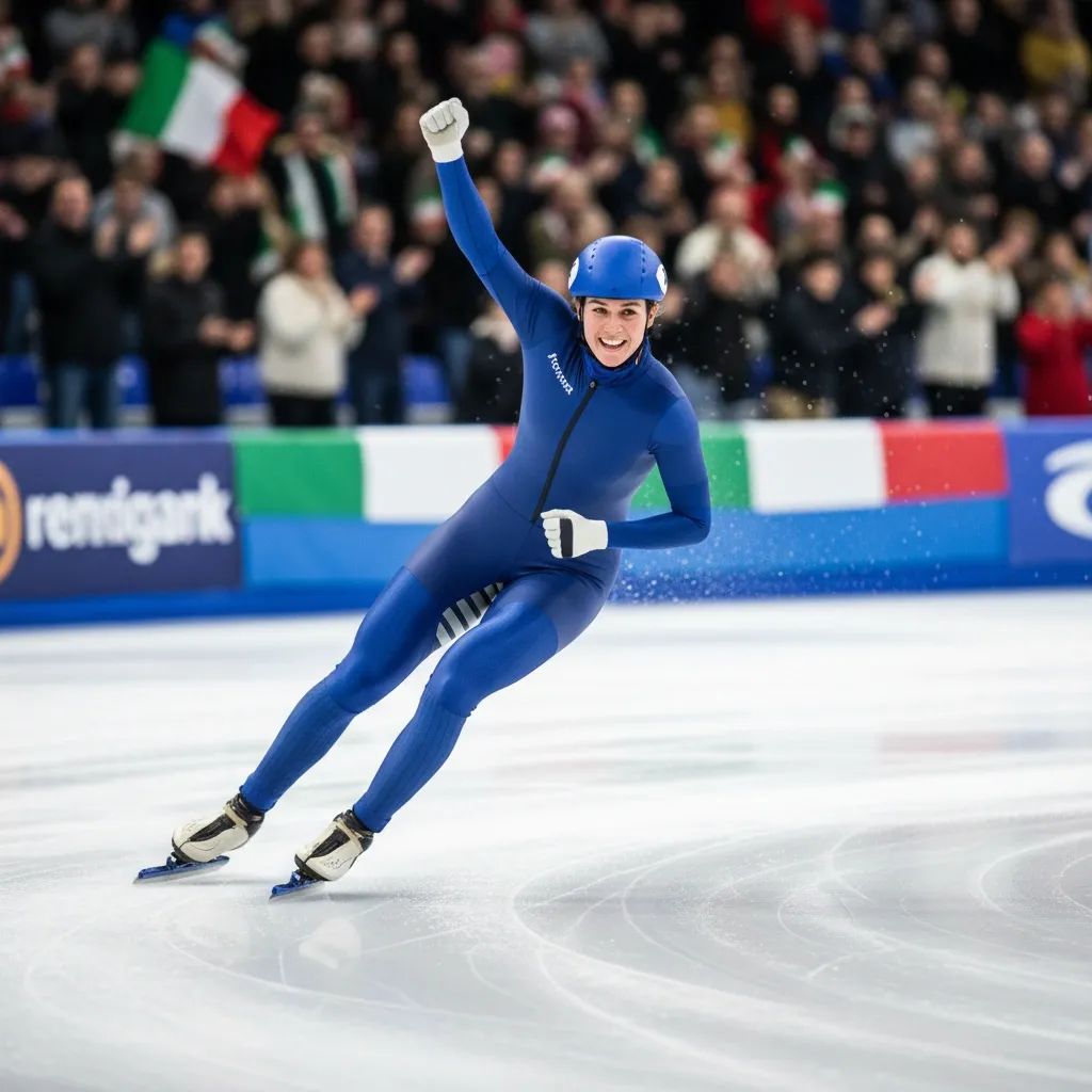 Italian female speed skater raises arm in victory on indoor ice oval before cheering crowd