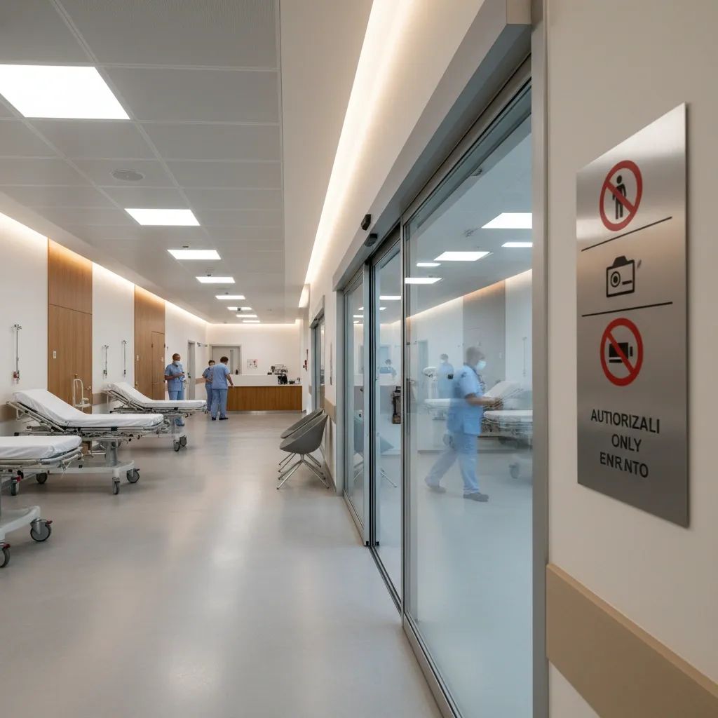 Modern Italian hospital emergency room with contemporary security measures and healthcare staff