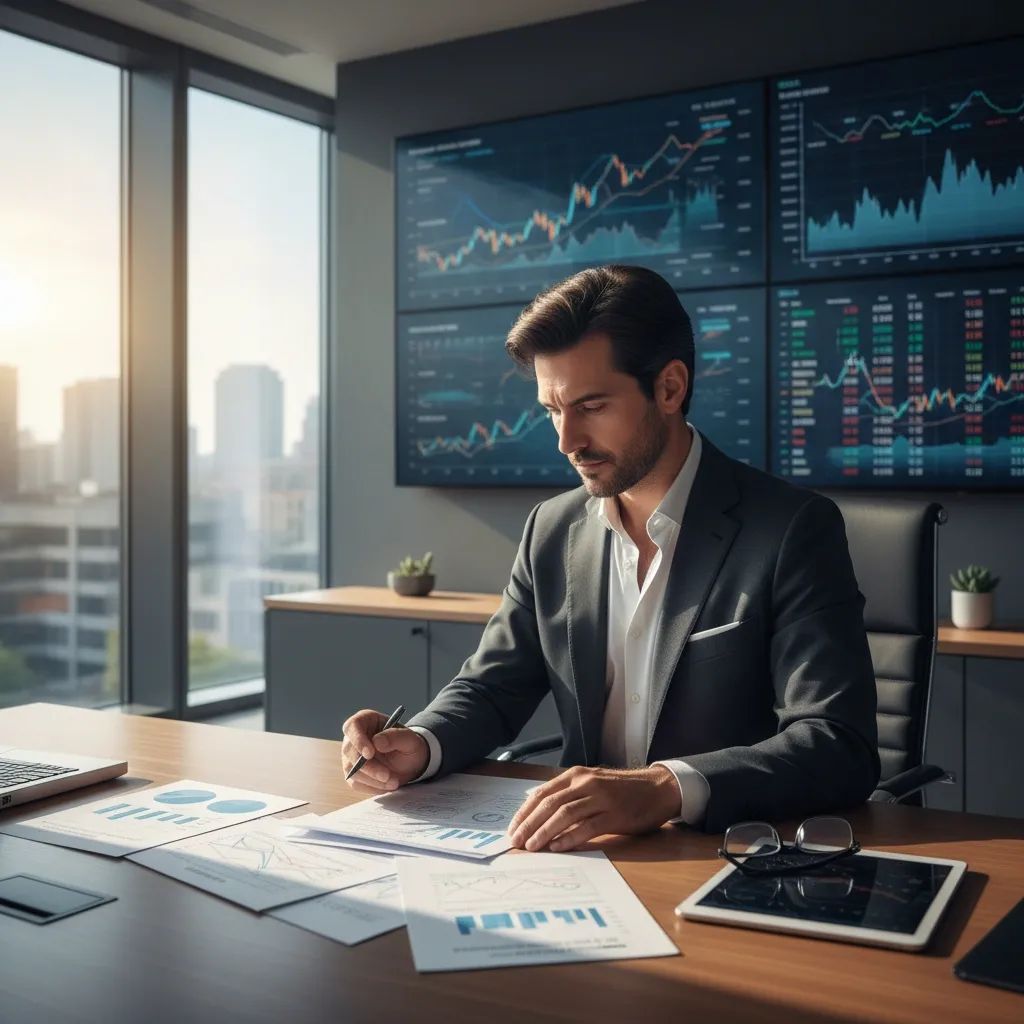 Businessman reviewing investment and financial reports in modern office with market data displays