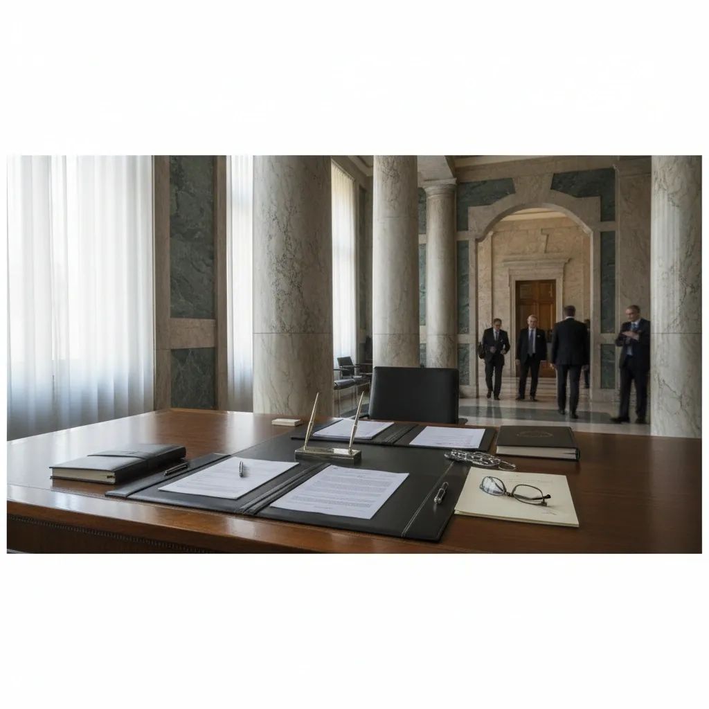Interior of Italian government building with professional office setting and architectural details representing financial authority