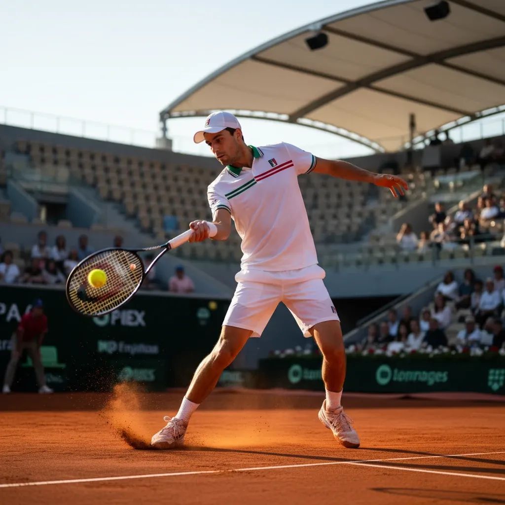 Tennis player competing on clay court during professional ATP tournament match