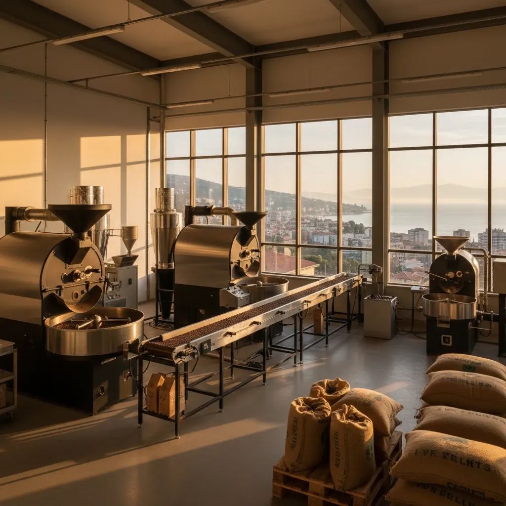 Illycaffè coffee roasting facility with machinery and bags of coffee beans in production