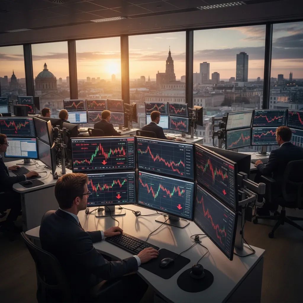 Trading floor with market data screens showing stock declines and financial charts during volatile market session