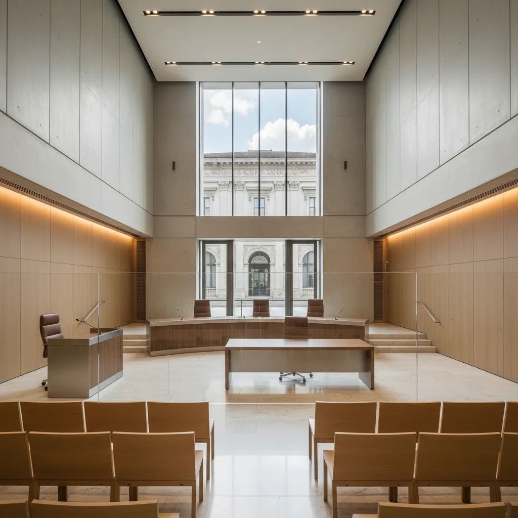 Italian courthouse interior showing separate judge and prosecutor areas in modern legal setting