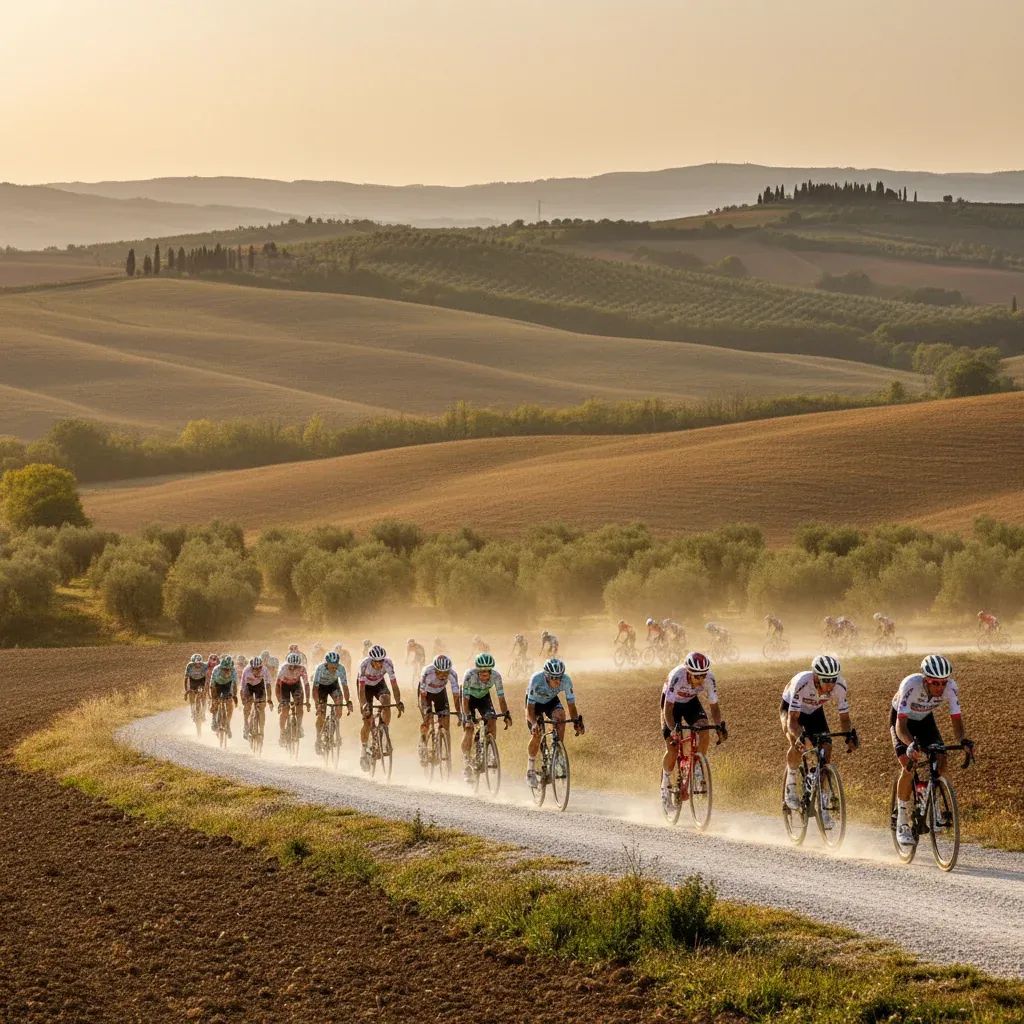 Professional cyclists racing on white gravel roads through the Tuscan hills during Strade Bianche cycling race