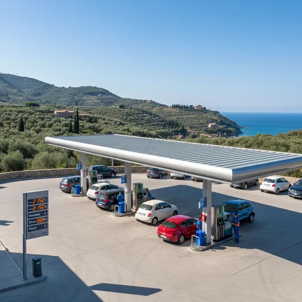 Italian gas station forecourt showing fuel pumps with price displays during peak hours