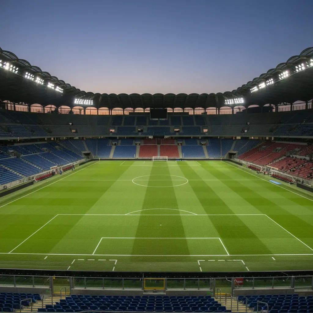 Florence stadium floodlit for evening European football match, Conference League fixture setup