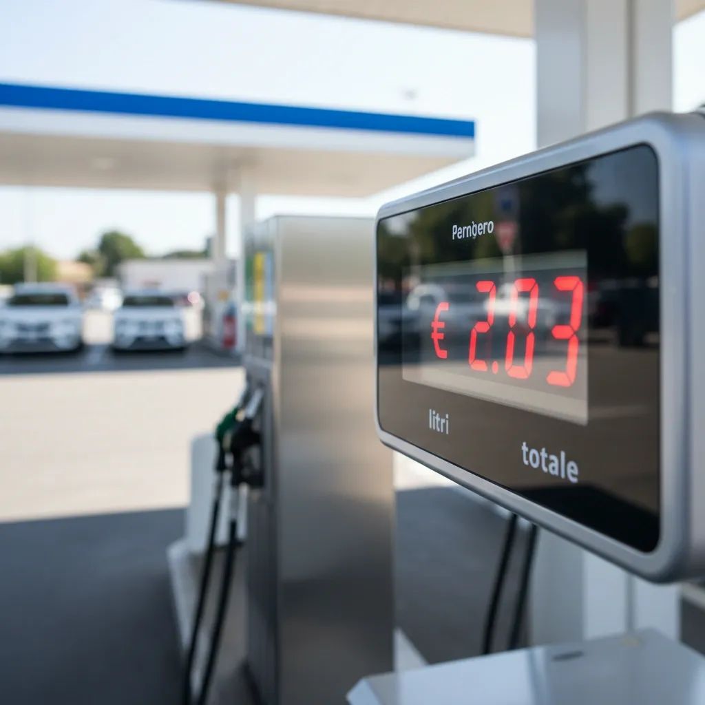 Italian gas station pump displaying elevated diesel fuel price of €2.03 per liter on digital display