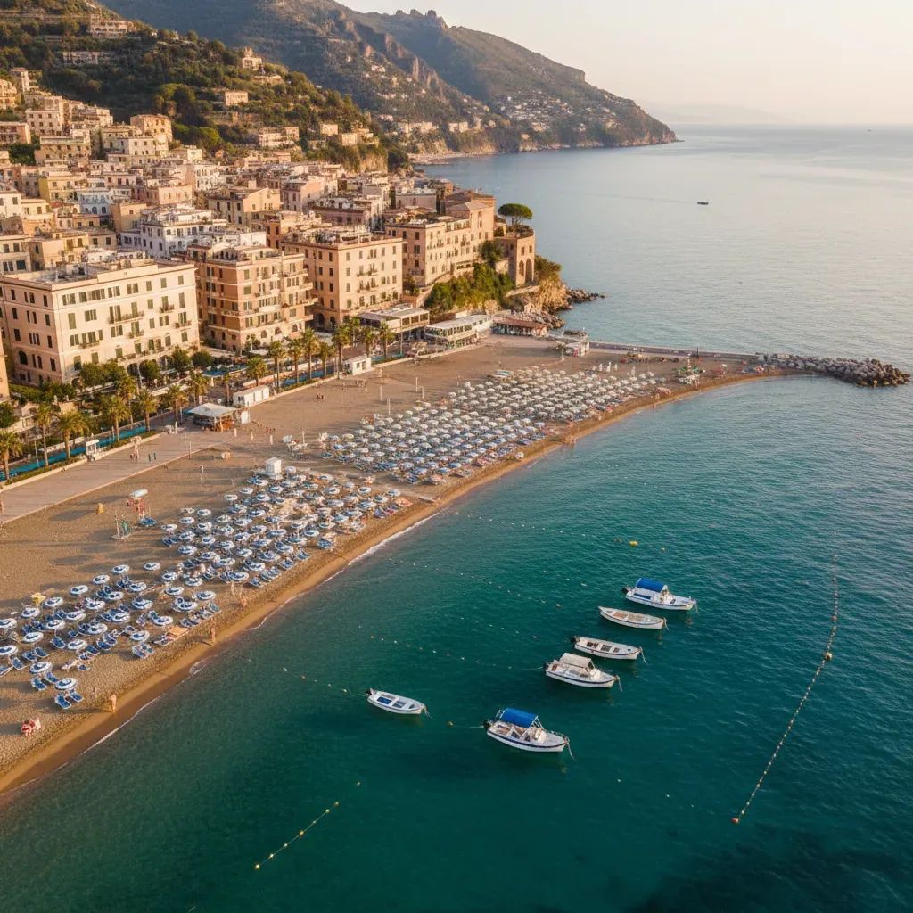 Italian Mediterranean beach with umbrellas and facilities along the sandy coastline