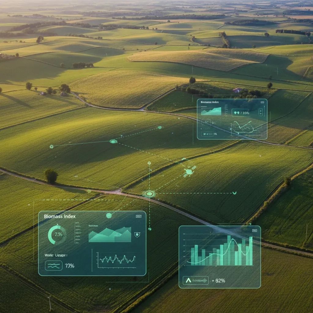 Aerial farmland view with digital technology overlay representing satellite-based fraud detection system