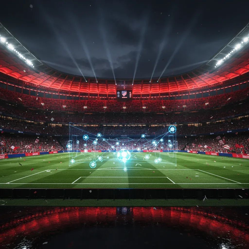 Atlético Madrid stadium illuminated at night with red and white lighting, Champions League semifinal atmosphere
