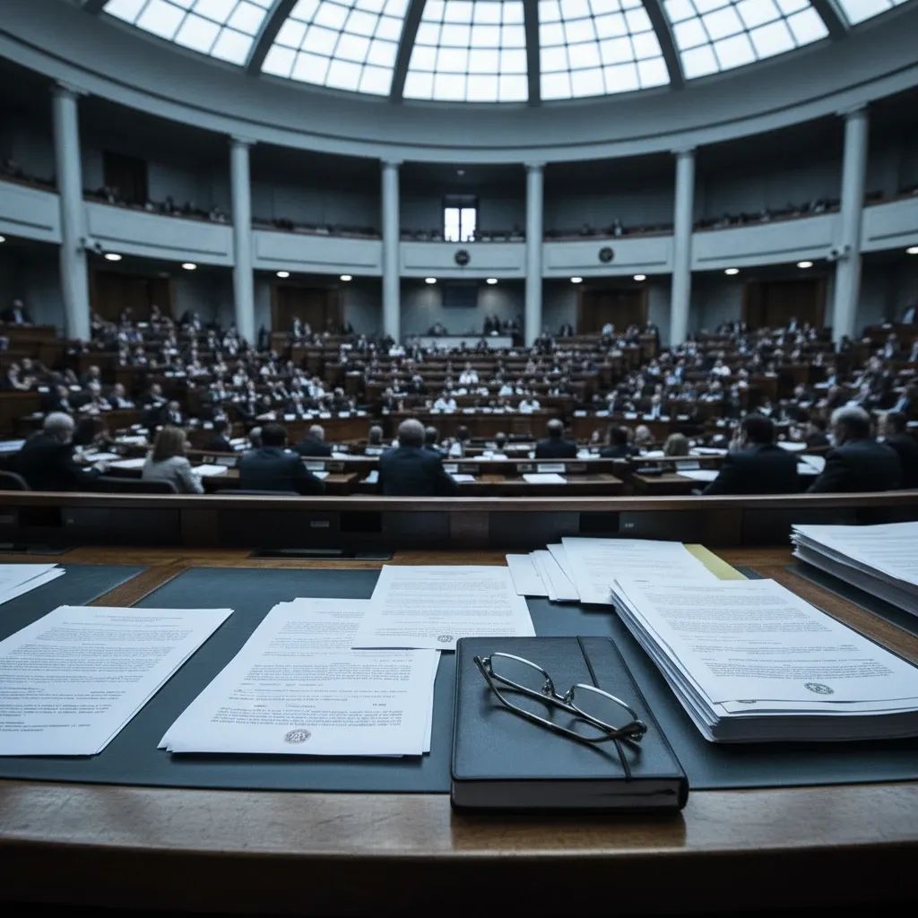 Italian Senate interior with legislative documents and debate setting