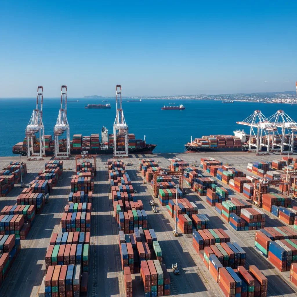 Container port with stacked cargo awaiting shipment at Mediterranean terminal