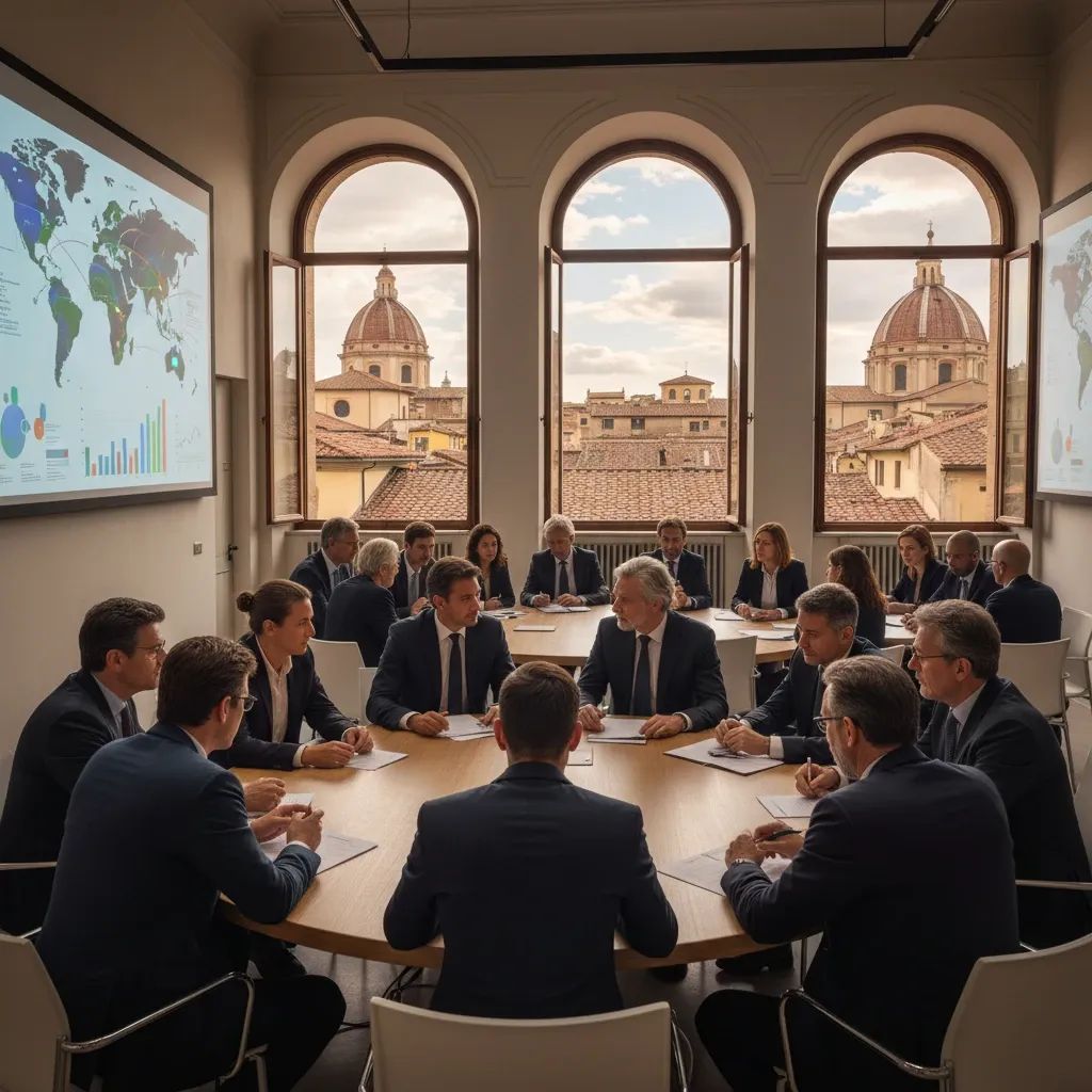 People attending international geopolitics conference discussing global issues and economic impacts in professional setting